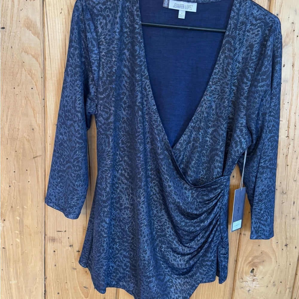 Jennifer Lopez Navy Blue Metallic Wrap-Style Blouse - Picture 5 of 7